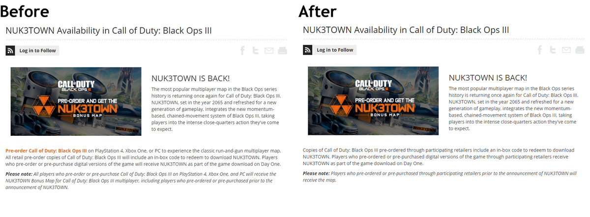VG_Dave's tweet photo. Unsure if it happened today/last night, but Acti changing the wording about Nuketown is serious BS (via @eurogamer) https://t.co/BKNh8S4mo4