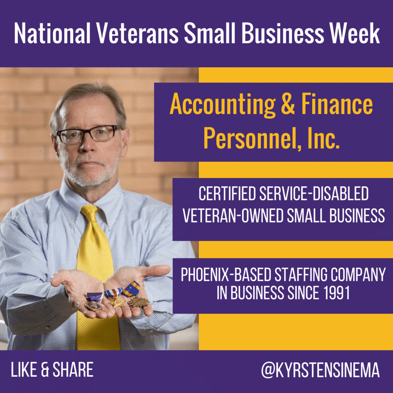 kyrstensinema's tweet photo. For #VetBizWeek, we're highlighting an #AZ veteran-owned #smallbiz each day. Today's feature is @AFPersonnel in Phx https://t.co/alI0c8jG92