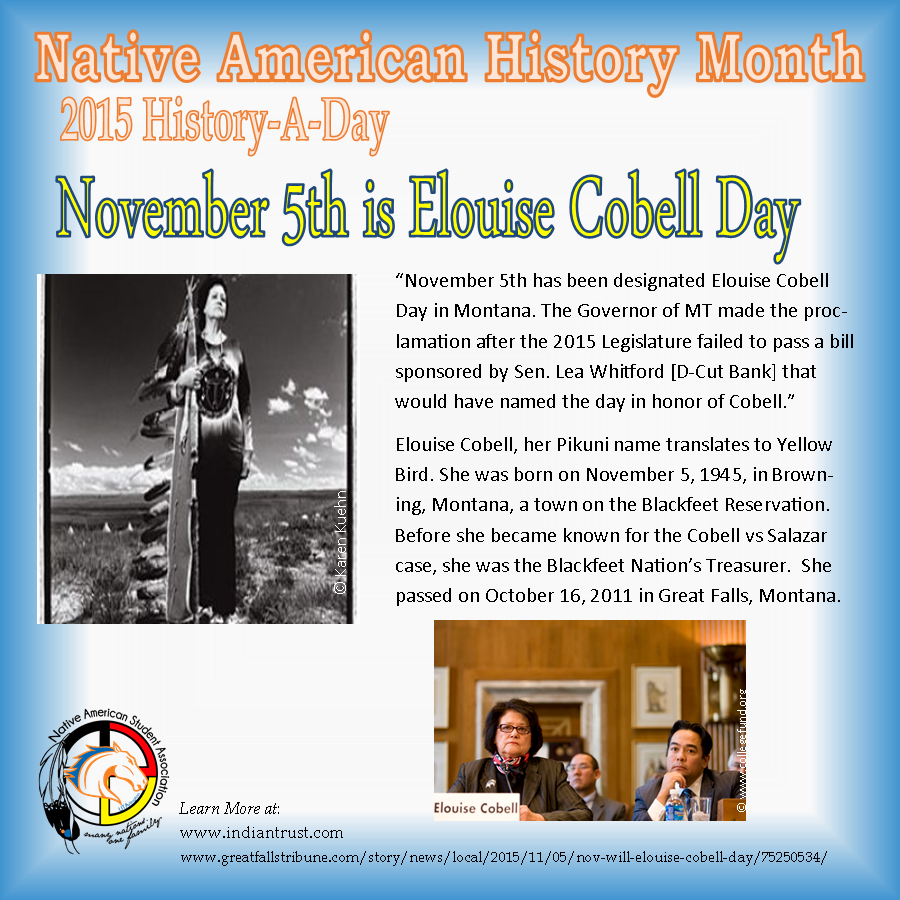 UTA_Powwow's tweet photo. #HistoryADay #UTANASA #NativePride #NativeHistory2015 November 5th is Elouise Cobell (1945-2011 )Day in Montana https://t.co/zVSvHAFmok