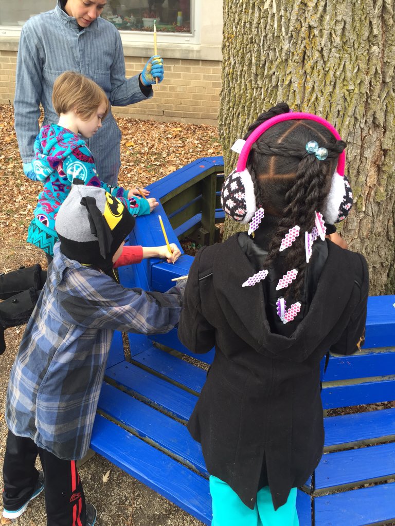CSolberg2's tweet photo. Painting Buddy Benches inspired by book Peanut Butter &amp; Cupcake! #HawCommDay https://t.co/KYksM7SPKm