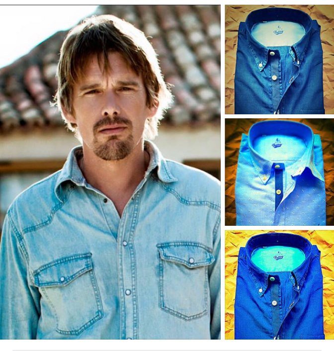 Today\s look on Ethan Hawke\s way.
Boltey shirts on washed Jeans & Oxfords.
By the way....Happy Birthday Mr.Hawke. 