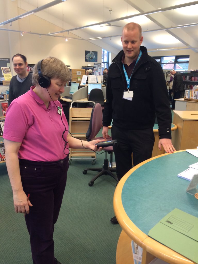 LetsLoopDerby's tweet image. Checking loops at Mickleover Library this morning with @CamTADDerby! All working great!  #Loop2015 #LetsLoopDerby