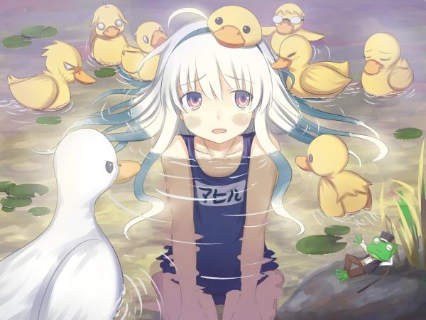 *she played with a group of duckling in a pond*