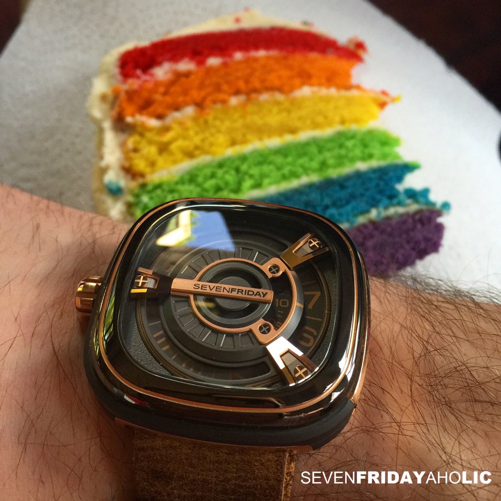 SFaholic's tweet image. Celebrating Friday with the #Sevenfriday M2-2 &amp;amp; some @hummingbbakery rainbow cake 😎