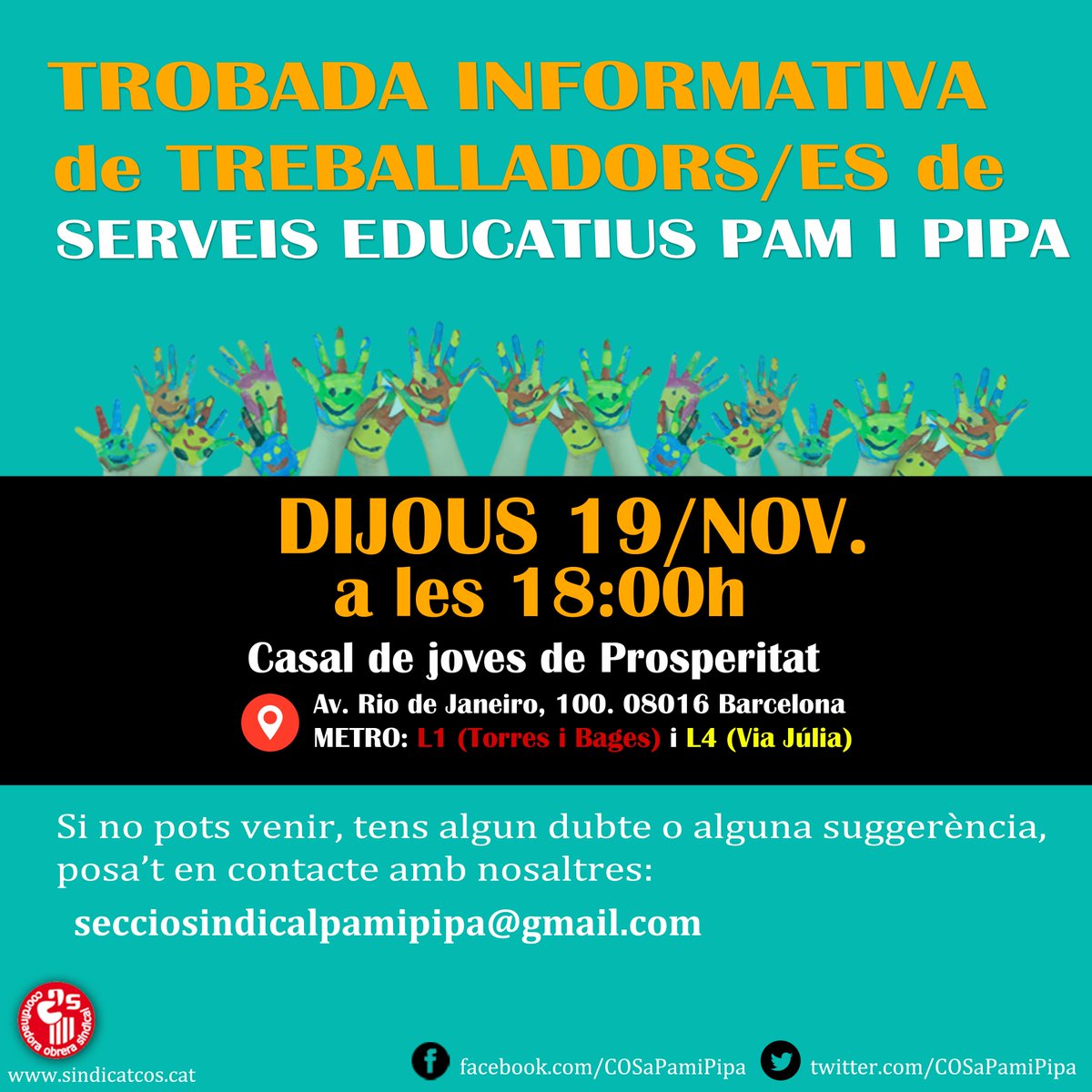 COSaPamiPipa's tweet photo. Treballadors/es de Serveis Educatius Pam i Pipa S.L. Us esperem el dia 19 a les 18h al @CJProspe #CosAPamIPipa https://t.co/SnSml1Nd88