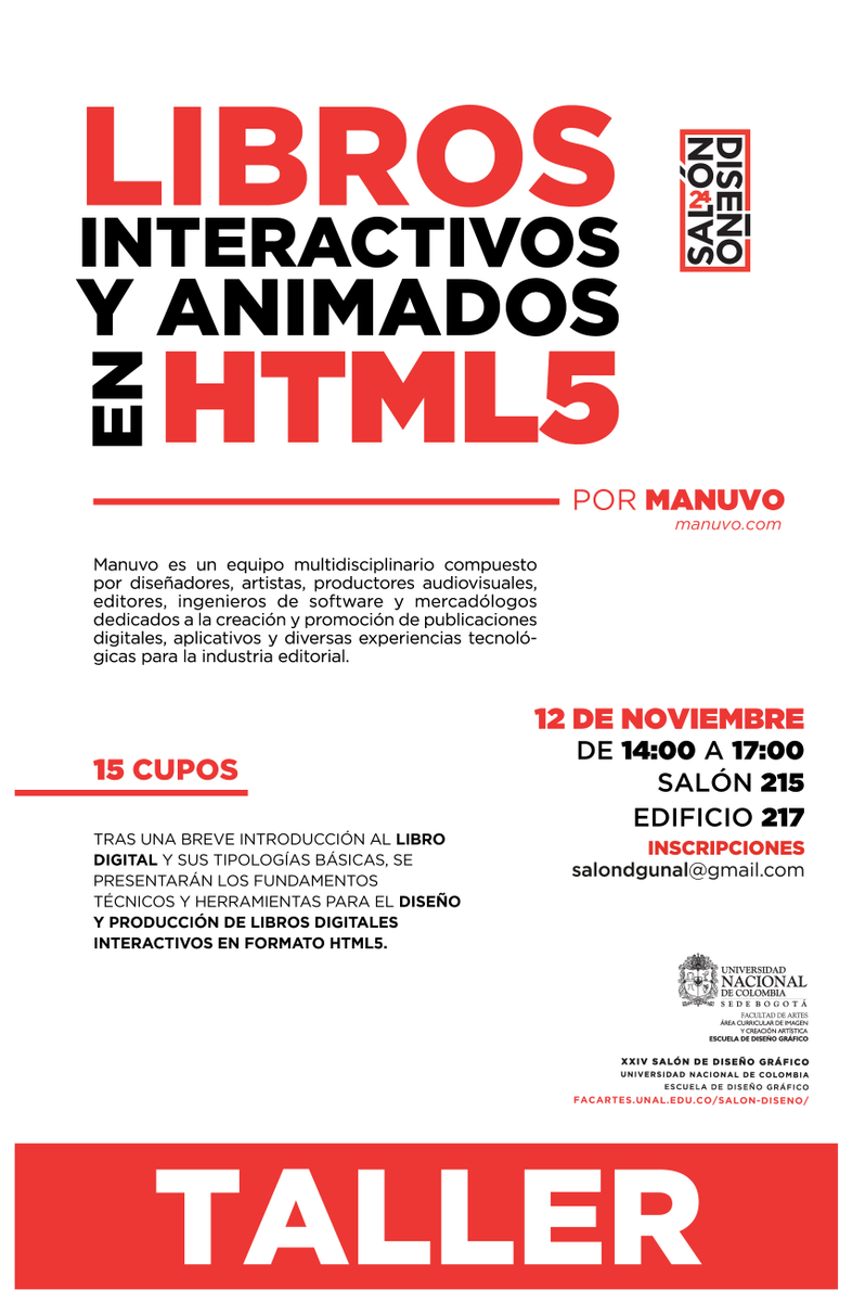 salondgunal's tweet photo. "Libros interactivos y animados en HTML5", taller que realizaremos el 15 de noviembre, con Manuvo. 15 de noviembre. https://t.co/xhFn8j1Mbs