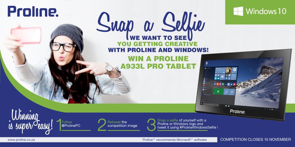 TechGirlZA's tweet photo. FREE LAPTOPS FTW. Follow @ProlinePC Snap a #ProlineWindowsSelfie &amp; you could win. GO GO GO https://t.co/IsdtU79i17
