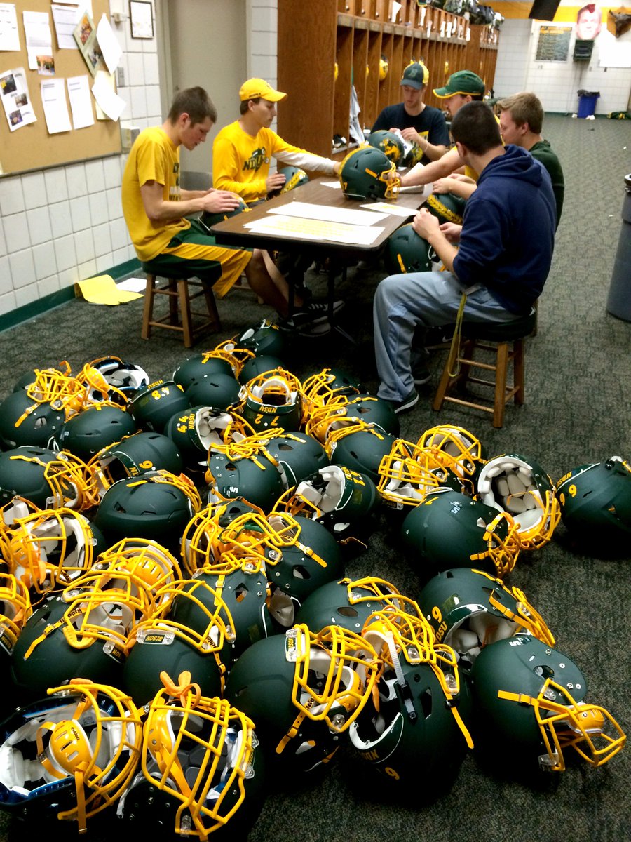 Bison_FM's tweet photo. Right now its just a pile of helmets, come Saturday @ 2:30pm, it's the Bison taking down Western Illinois.  #GoBison https://t.co/mIdOYXSMZO