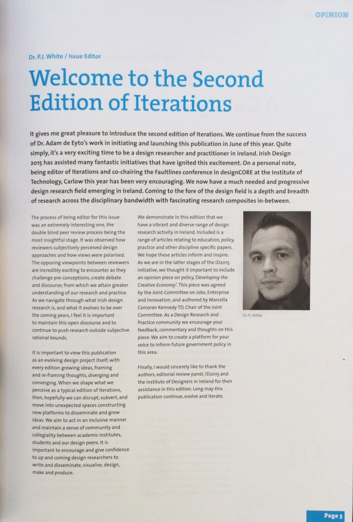 designcore_setu's tweet photo. Congratulations to Dr. PJ White @designcore_itc @humanititiesITC @itcarlow editor of ITERATIONS national journal https://t.co/8tNOLvnoxZ