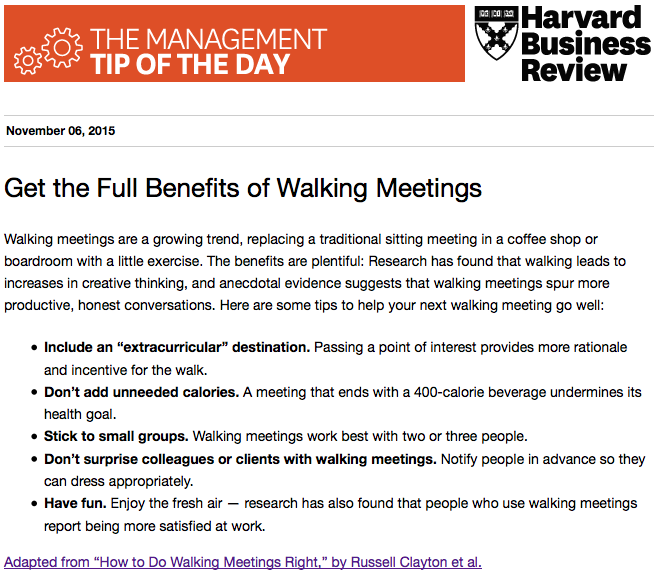 HarvardBiz's tweet photo. Today's management tip: Walking meetings ... take them https://t.co/QjT51XqzJZ https://t.co/ParzbOAub4