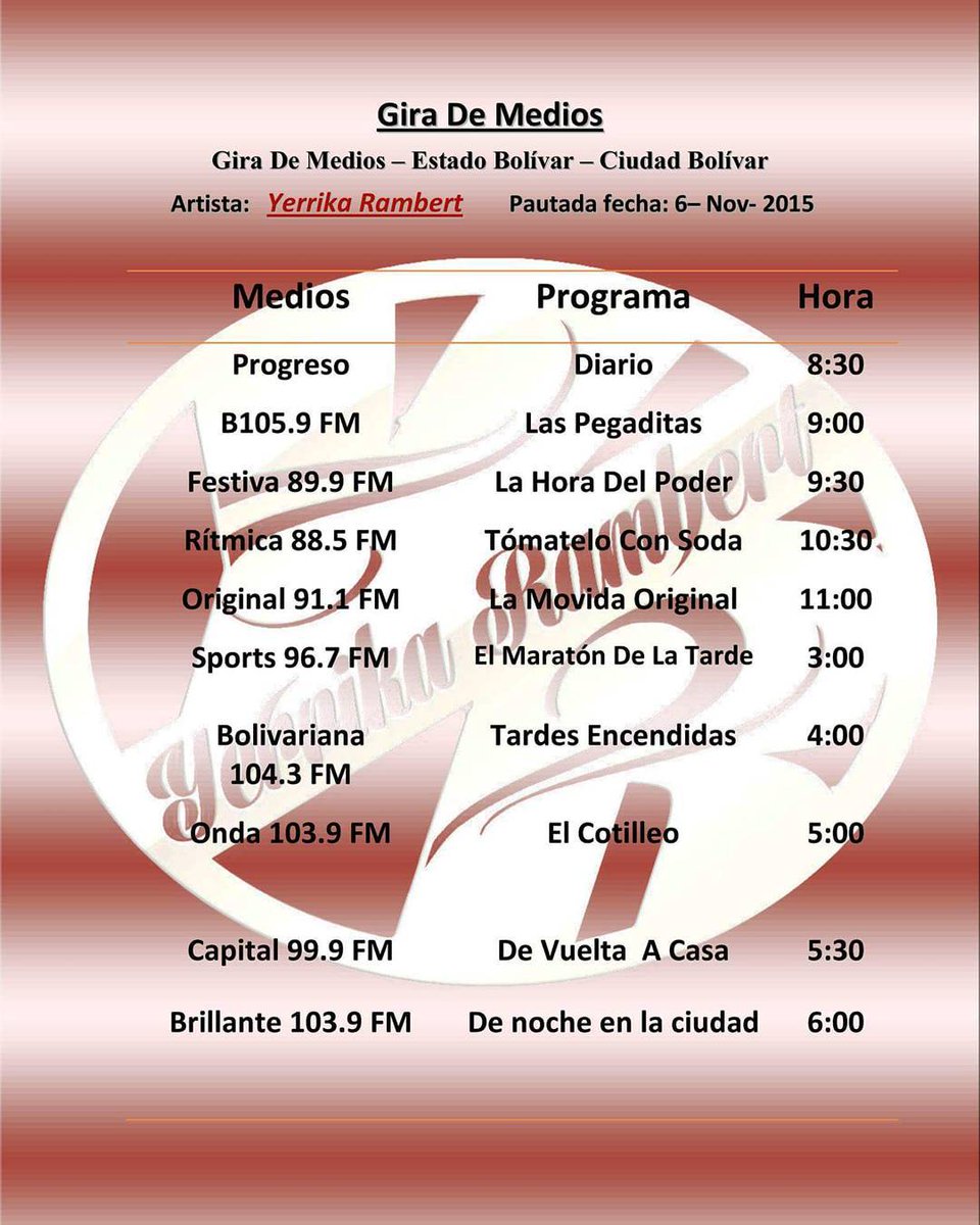 trrazaloungebol's tweet photo. Hoy @Yrambert_voz estara promocionando su tema #Tejuroqueteamo , aca dejo cronograma. Exitos. https://t.co/a1dMobbJbT