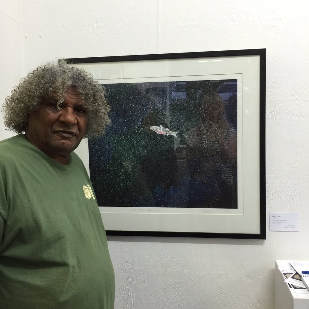 JayArthur9's tweet photo. Bundjalung artist Digby Moran with his print 'Sea Mullet Spawning' https://t.co/KzveGxIZac