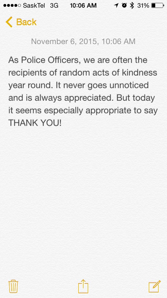 SaskatoonPolice's tweet photo. We try to say thank you every opportunity we get, but today, we thank everyone for their kindness year round #RAKyxe https://t.co/dmxFzEOjtL
