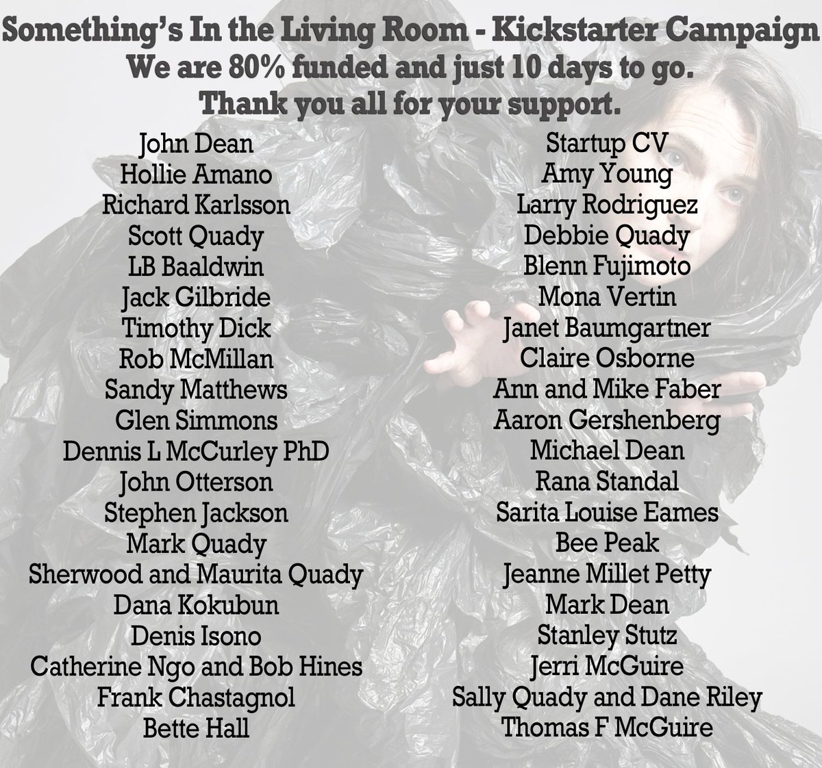 SallyEDean's tweet photo. Something's In The Living Room Kickstarter Campaign.
Thank you.  We are almost there. https://t.co/Nn4CvqySGZ