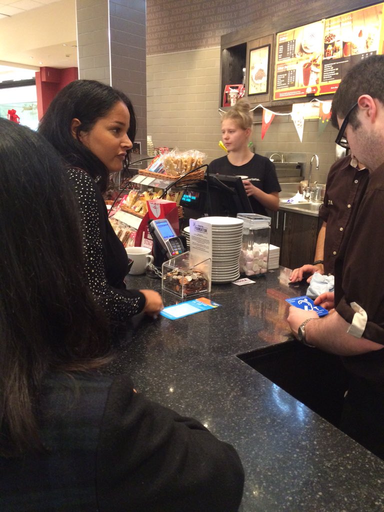 LetsLoopDerby's tweet image. Our volunteers at Costa coffee at Intu. Loop working great and signs in place on counter. #Loop2015 #LetsLoopDerby