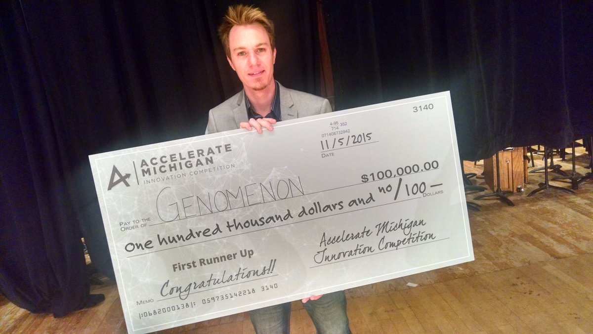 jangosteve's tweet photo. Woo! Just won $100k for @GenomenonInc from the @accelerateMI Innovation Competition! https://t.co/gcKRms50ls