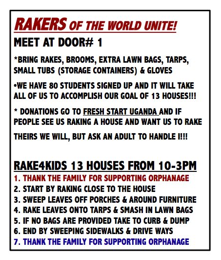 WahsBibleStudy's tweet photo. Rakers of Aurora Unite!  Tomorrow we are raking for orphanage #FreshStartUganda 80 students are sign-up! https://t.co/4DhXWgVyxH