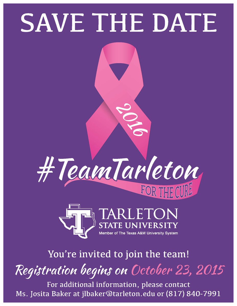 TarletonFW's tweet photo. Join #TeamTarleton for the Race for the cure on April 23, 2016. Signup here: https://t.co/faFCabITFK https://t.co/mgbAxAw9TH