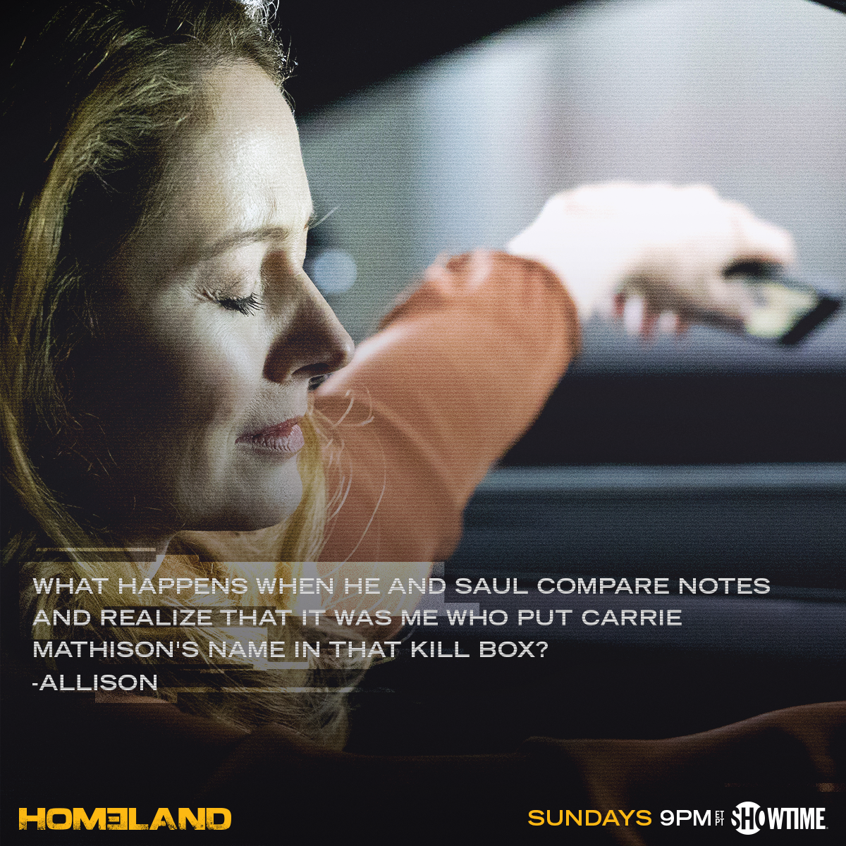 SHO_Homeland's tweet photo. Is Allison's name going to end up in someone else's kill box? #Homeland https://t.co/mTnXhIMcWS
