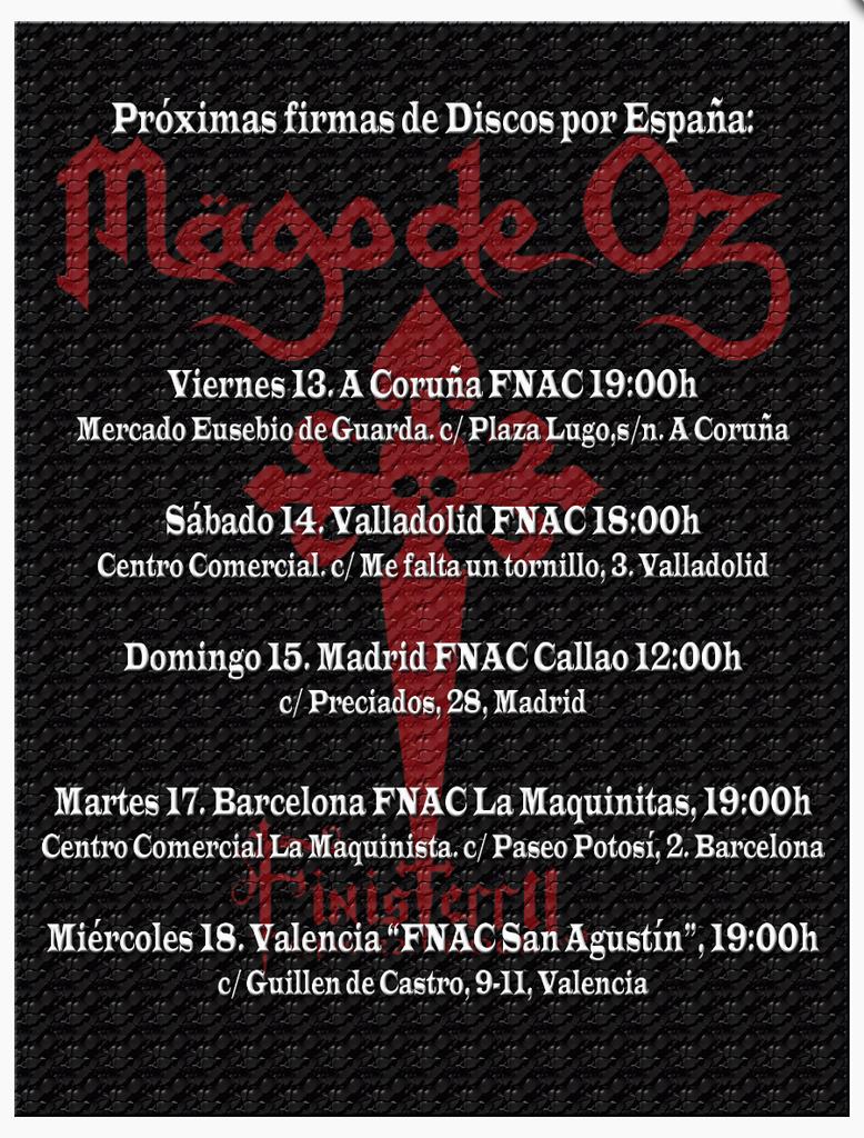 MAGODEOZOFIC's tweet photo. ESTAS SON LAS FECHAS DE LAS FIRMAS PARA #FinisterraOperaRock POR ESPAÑA 
¡OS ESPERAMOS! https://t.co/k3KFJxgvpH