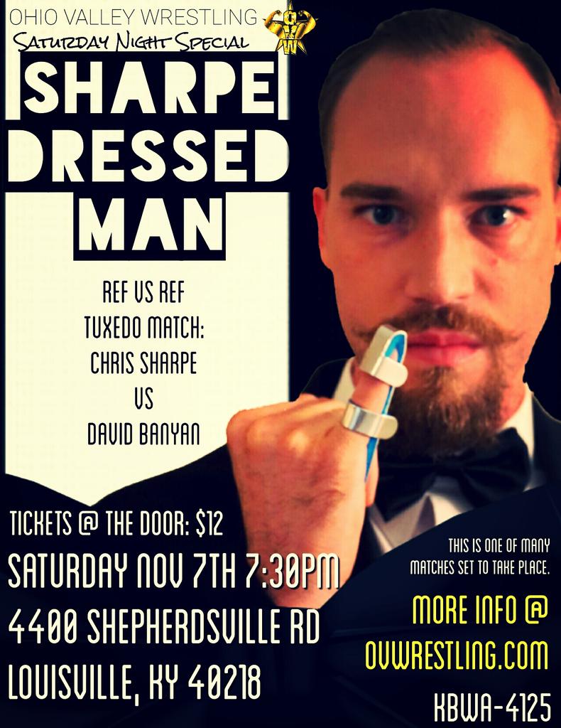 ovwrestling's tweet photo. Who do you think will win our #SharpeDressedMan #RefVsRef #TuxedoMatch tomorrow? #DavidBanyan or @RefChrisSharpe? https://t.co/ropa2xqwRv