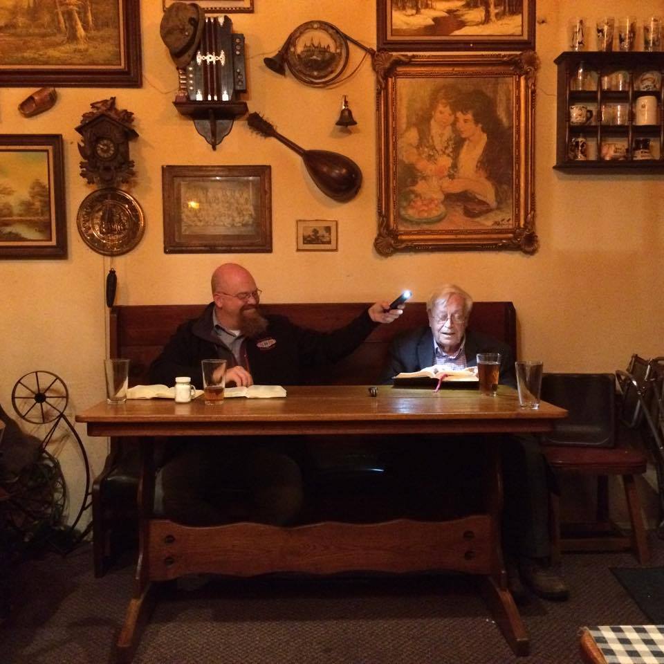 WartburgSem's tweet photo. A pic from Beer &amp; Theology last night! Thank you, Dorothy, for the pic of Dr. Giere &amp; Dr. Priebe! #TheologyThursday https://t.co/GXBzgd2fty