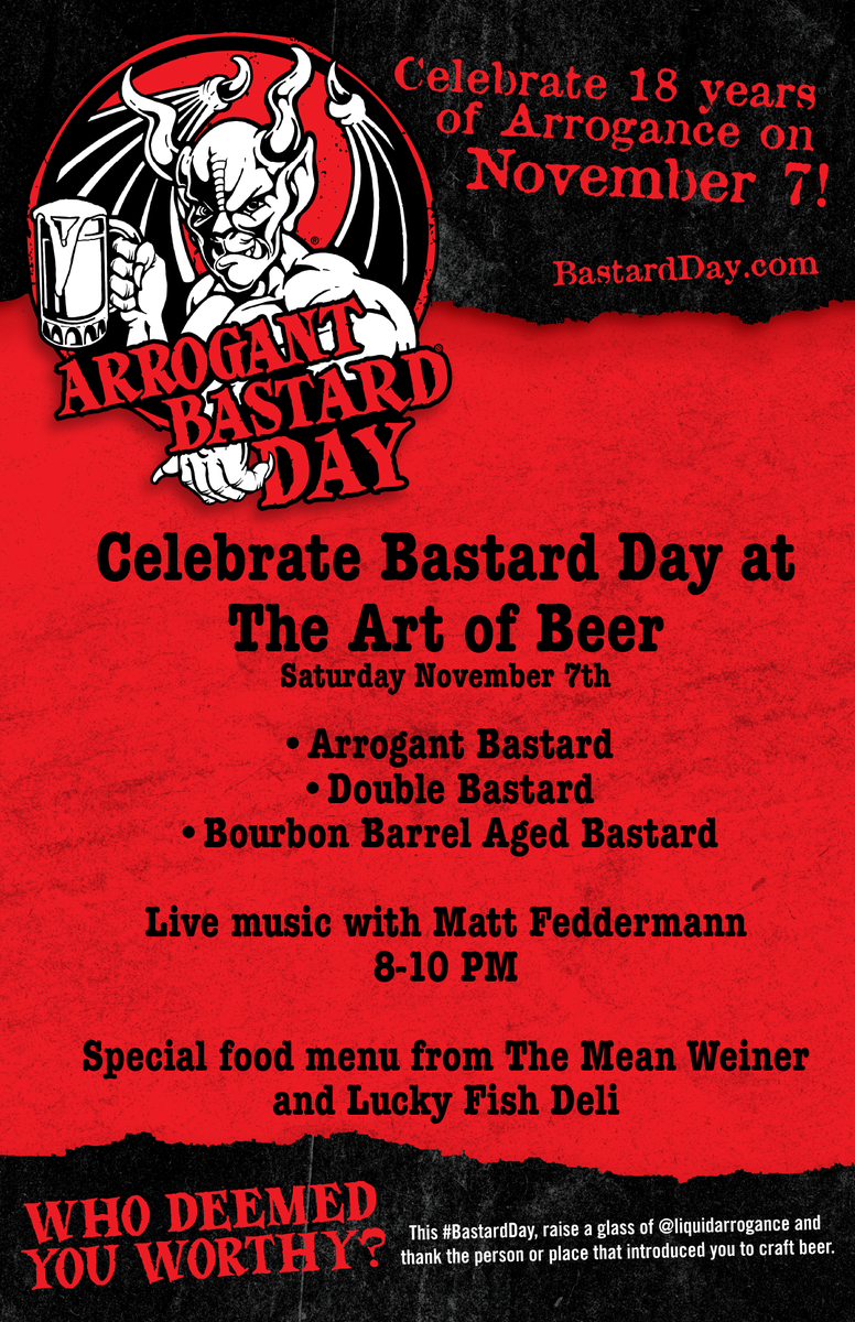 theartofbeers's tweet image. Join us Tomorrow for "BASTARD DAY"  Live Music with Matt Fedderman @LiquidArrogance @HighwoodEvents @StoneBrewingCo