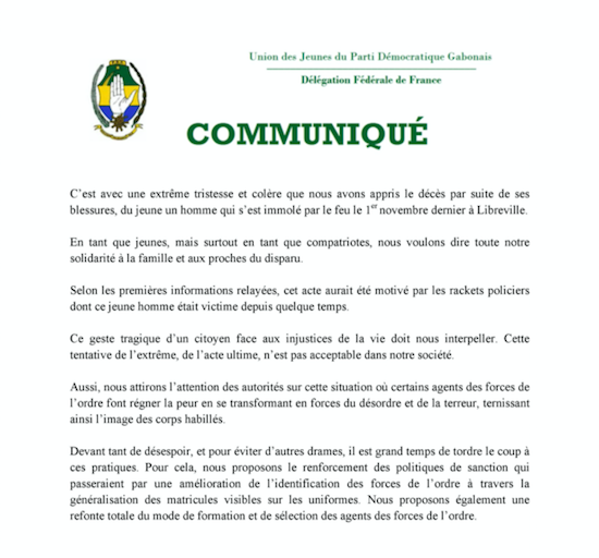 L'Union des Jeunes du PDG en France réagit suite au décès d'un jeune gabonais qui s'était immolé par le feu