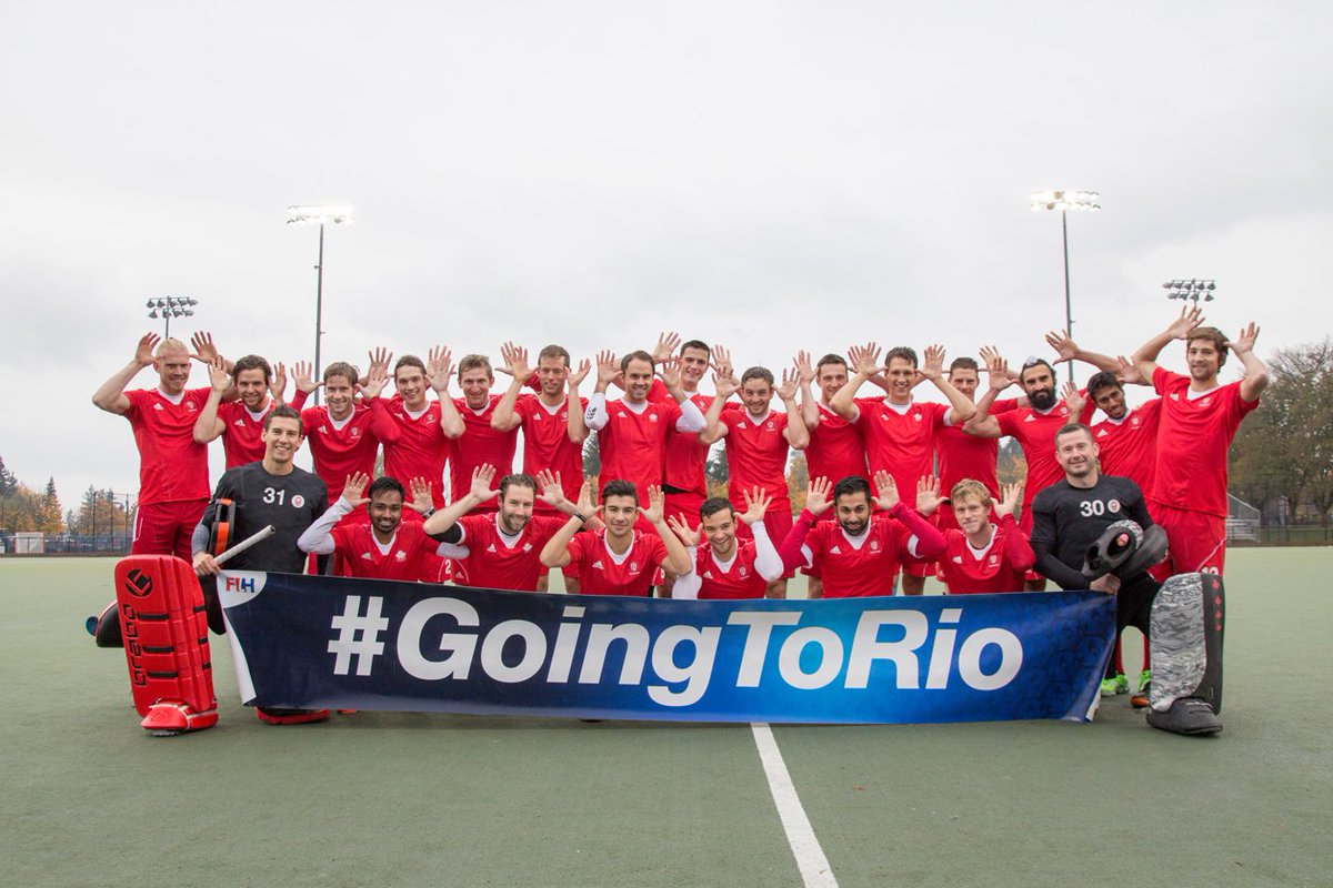 FieldHockeyCan's tweet photo. The fun that comes along w/ the Olympics...@FHC_MNT guys re-enacting the moment they qualified for Rio! #RedCaribou https://t.co/zOjetbptRj