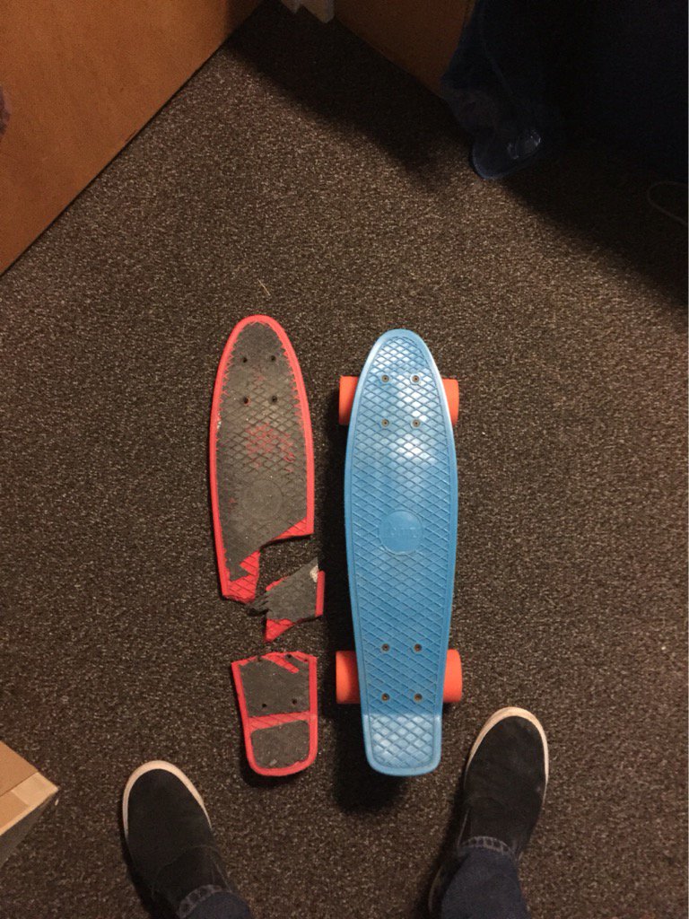Alexthehound's tweet photo. Flew on top of this fuckers hood and boom my baby that I've shredded for years was snapped by a car #rip #pennyboard https://t.co/oWcJB9eMzc