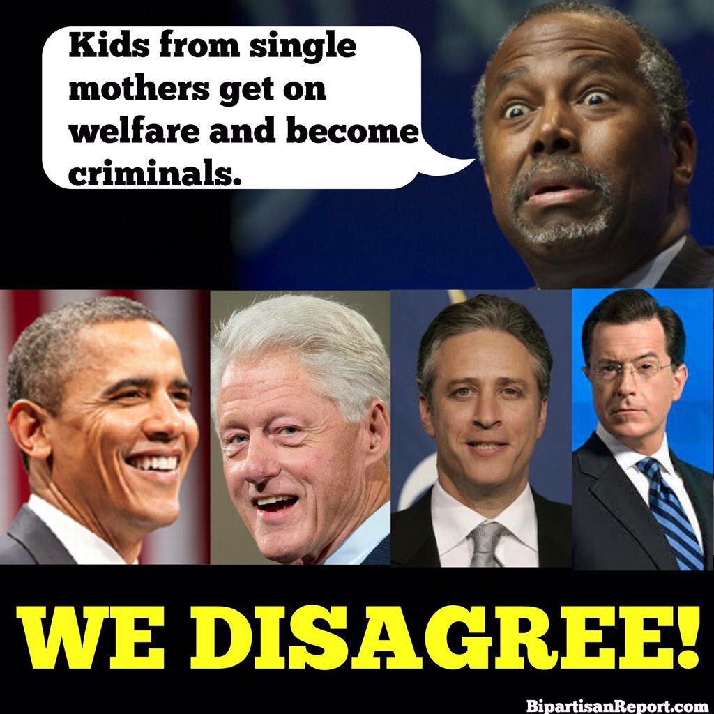 Bipartisanism's tweet photo. Ben Carson says "kids from single moms become criminals."
Clinton, Obama, & many others disagree. #UniteBlue https://t.co/UXlbaTrrnb