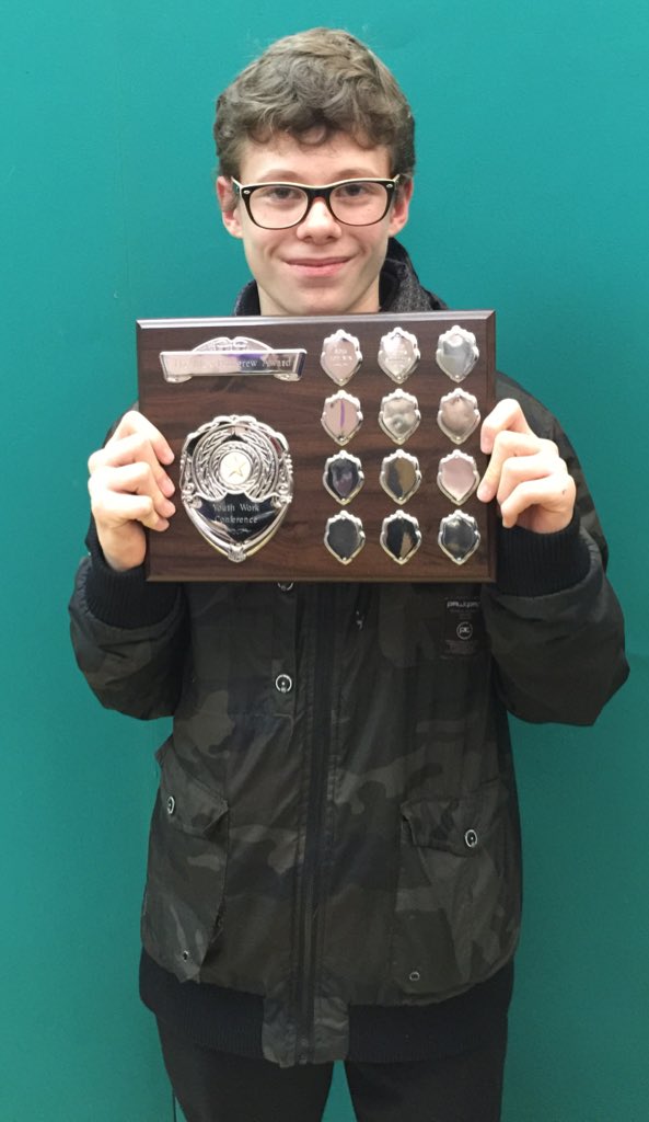 NAYouthServices's tweet photo. James Simmons winner of our Alex Pettigrew award. Finished off our brill youth conference #nacmyvoicemylife https://t.co/AqEuskc4zK