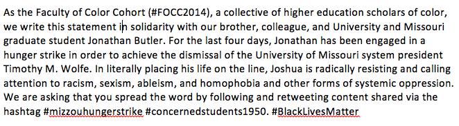 YngBlkScholar's tweet photo. @ASHEoffice @insidehighered @chronicle #ASHE2015 Faculty of Color Cohort 2014 #FOCC14 Statement https://t.co/q3abL7iq8y