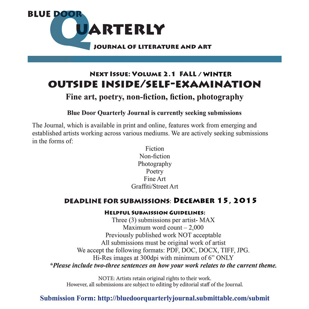 Submit today! Deadline: December 15! #bluedoorjournal