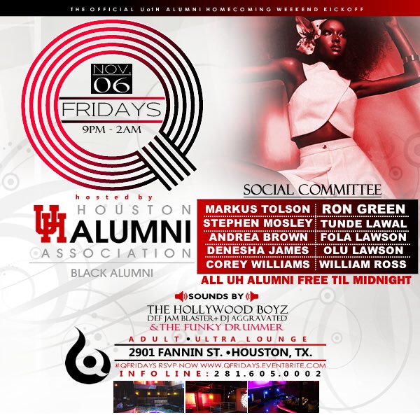 THELISAROGERS's tweet photo. TONIGHT! QFRIDAYS! UH BLACK ALUMNI HOMECOMING KICKOFF! 2901 FANNIN | ALL ALUMNI FREE TIL 12AM! HOLLYWOOD BOYZ LIVE https://t.co/uOmpONyzOm