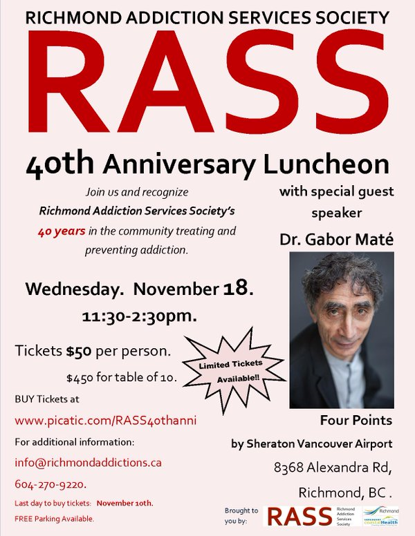 bc211Help's tweet photo. Celebrate 40 years of @RASShelps with special guest speaker Dr. Gabor Mate on Nov 18 https://t.co/myvVijljaF https://t.co/xrPgZOmGXS