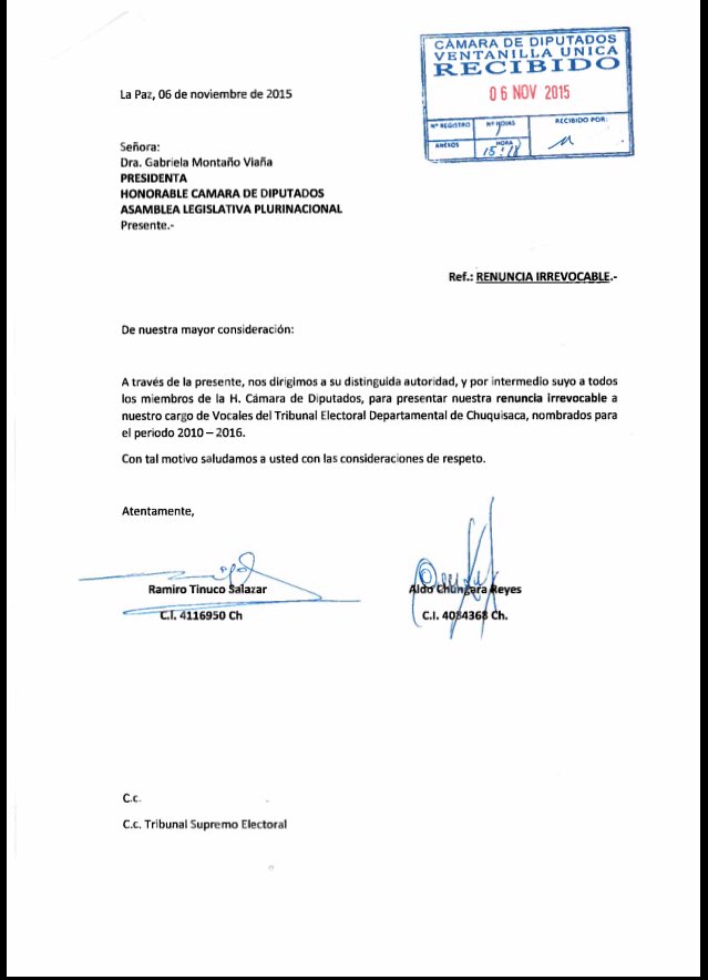 Carta: #ÚLTIMO Carta de renuncia de Ramiro Tinuco y Aldo 