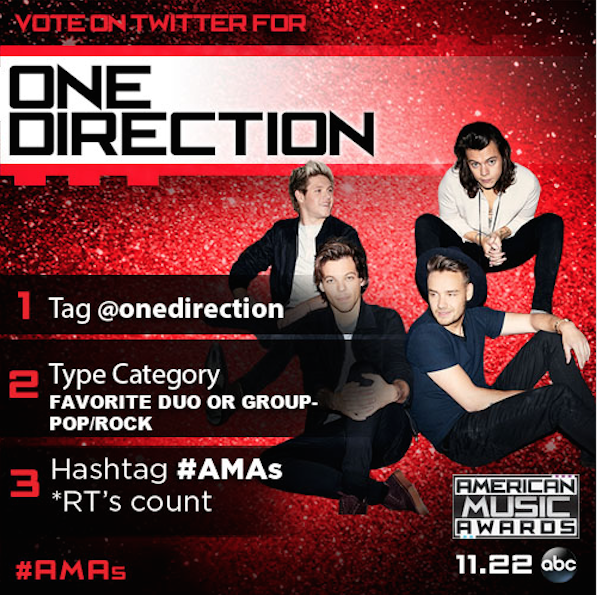 AMAs's tweet photo. Nothing can come between you &amp; voting for @onedirection for #AMAs Favorite Duo or Group - Pop/Rock! https://t.co/IgU6WDzsqS