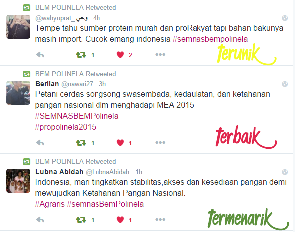 bemkbmpolinela's tweet photo. inilah pemenang tweets pada seminar nasional ketahanan pangan dan perdagangan 2015
@PROpolinela #SEMNASBEMPOLINELA https://t.co/eAYXMCl7t7