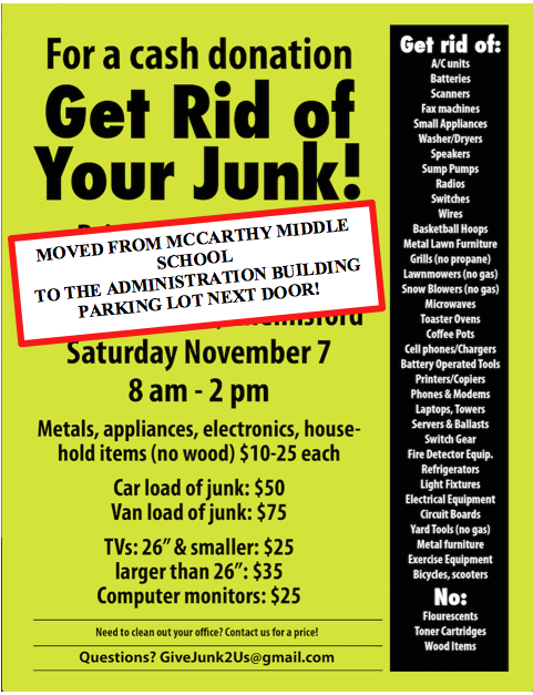 McCarthyPTO's tweet photo. Junk Day moved to Admin Bldg Parking Lot -230 North Rd tomorrow 8am-2pm Retweet-spread the word! https://t.co/kNcAr5lXjK
