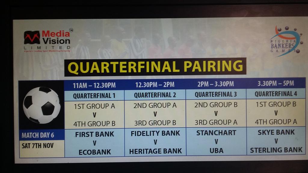 #NBG2015
fixtures for the Quarter Final Matches today
<a href="/FirstBankngr/">FirstBank Nigeria</a> <a href="/GroupEcobank/">Ecobank Group</a> <a href="/fidelitybankplc/">Fidelity Bank</a> @heritagebankltd