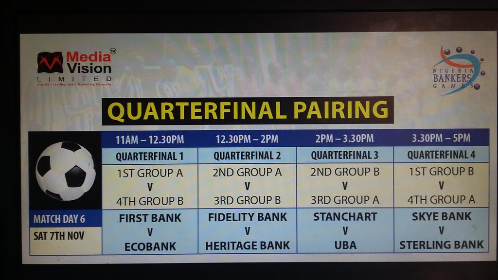 #NBG2015
fixtures for the Quarter Final Matches today
@SkyeBankNigeria  <a href="/UBAGroup/">UBA Group</a>  <a href="/StanChart/">Standard Chartered</a>  <a href="/Sterling_Bankng/">Sterling Bank</a>