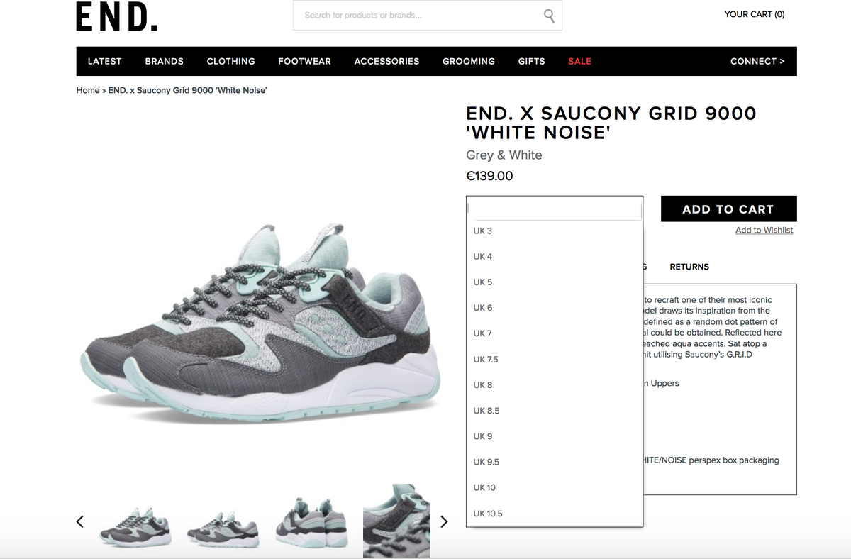 end clothing x saucony grid 9000 white noise