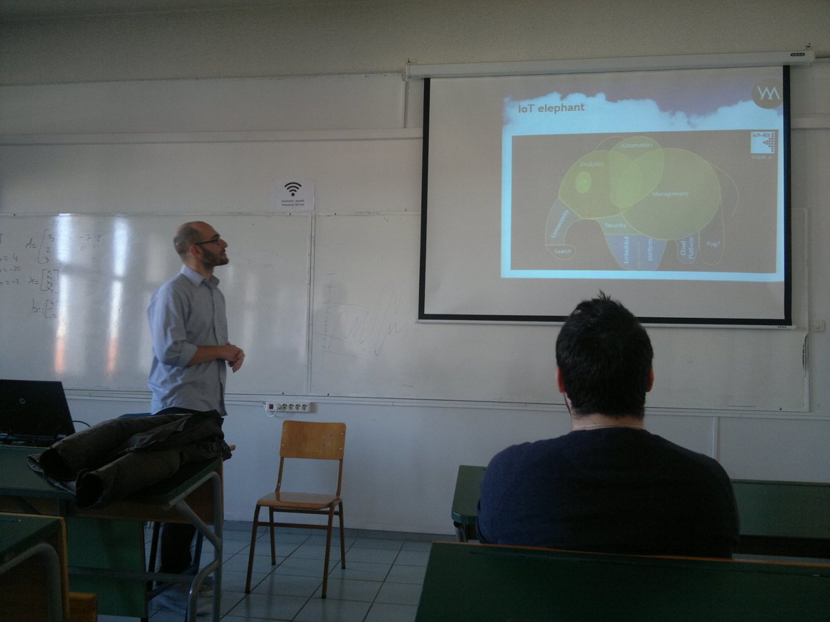 ExMachinaHQ's tweet photo. @nikil511 of Weather Ex Machina and the @IoT #elephant in @Fosscomm2015, at @TEI_Athens cc @eellak https://t.co/t2RrTlIcMt