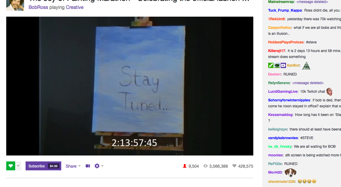 chrisloge's tweet photo. almost 10k watching the Stay Tuned sign on Bob Ross stream calling for #STEVE Ross to come on the show! #IBELIEVE https://t.co/nfYAgDfV6H