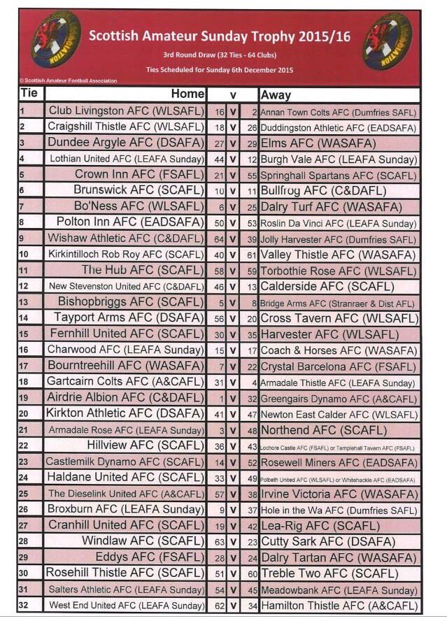 We play Craigshill Thistle AFC in the 3rd round of the Scottish Amateur Sunday Trophy. Full draw attached. #DTID
