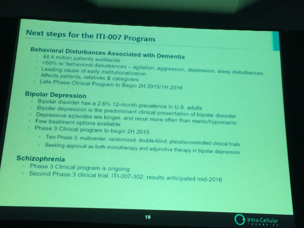 DoctorEdny's tweet photo. $ITCI development plans for low doses of ITI-007 #ctad2015 https://t.co/P1qSf63vPx