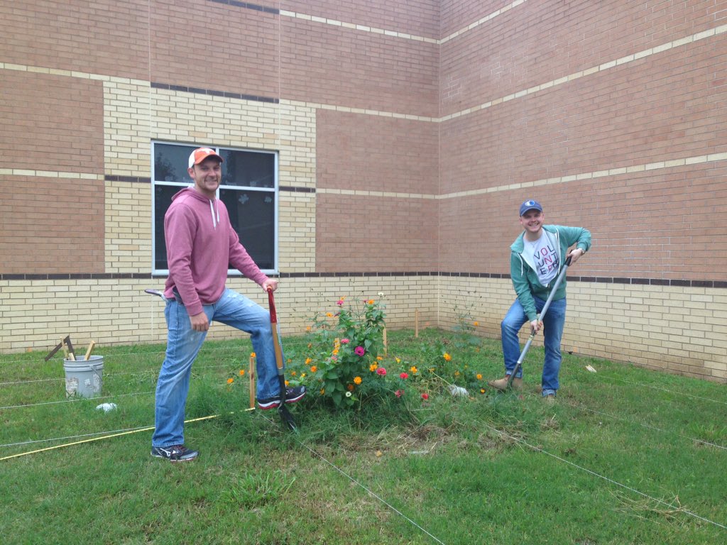 Laurml's tweet photo. Breaking ground @McWhorterES for our outdoor classroom/garden #mcwpln @CFBISD #thankyou @AllianceData &amp; @Coach_Inman https://t.co/PCxNC0S0P8