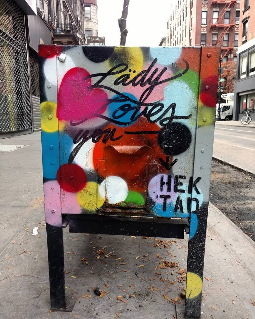 StArtEverywhere's tweet photo. @ladymillard visiting the @hektad._official flower cart thing on the LES.. #vandalism #nycstreetart #nycart #artev… https://t.co/CPTwV033oB