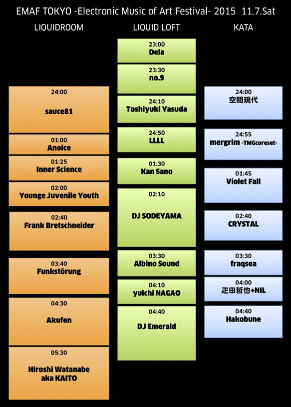 LIQUIDROOM's tweet photo. 〈EMAF TOKYO 2015〉はこの後23時より。当日5,000円（フライヤーご持参/incl.mobile 4,500円）。エレクトロニック・ミュージック最前線に是非！！https://t.co/eUGYlxxgns https://t.co/NGgIJe54PC